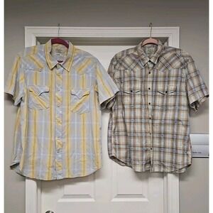 Lucky Brand Men's White Blue Yellow Plaid Western Pearl Snap Fit Shirts Sz XL